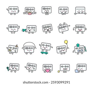 Voice message set characters smiling, sitting, eating popcorn, jumping, party hat, skateboard, balloon, graduation cap, laptop, adorable resting, singing, jump rope, fun and friendly, pretty