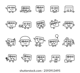 Voice message set characters smiling, sitting, eating popcorn, jumping, party hat, skateboard, balloon, graduation cap, laptop, adorable resting, singing, jump rope, fun and friendly, pretty