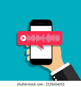 Mensaje de voz en smartphone. Burbuja de sonido en el chat del teléfono móvil. Icono del mensaje de voz en la pantalla del smartphone. Mano de un hombre que sostiene un celular con una aplicación de comunicación. Vector.