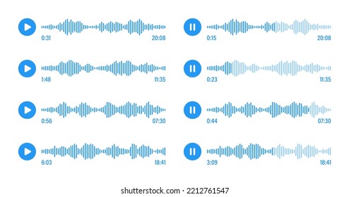 Voice message, social media chat conversation. Messaging app, music player, audio or video editor interface element. Voice assistant, recorder. Sound wave pattern. Vector illustration