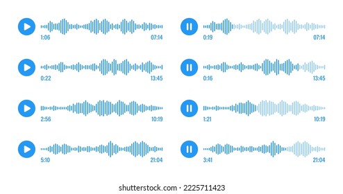 Voice message, social media chat conversation. Messaging app, music player, audio or video editor interface element. Voice assistant, recorder. Sound wave pattern. Vector illustration