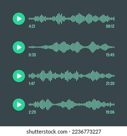 Voice message, social media chat conversation. Messaging app, music player, audio or video editor interface element. Voice assistant, recorder. Sound wave pattern. Dark mode. Vector illustration