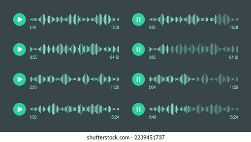 Voice message, social media chat conversation. Messaging app, music player, audio or video editor interface element. Voice assistant, recorder. Sound wave pattern. Dark mode. Vector illustration