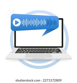 Voice message sound vector bubble ui icon. Voice message record phone conversation digital screen ui. Bubble speech on laptop screen. Vector illustration