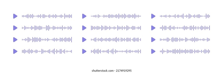 Mensaje de voz con ondas sonoras. Gráfica de grabación de audio en medios sociales. Ecualizador de volumen con ruido de espectro y botón de pausa. Línea de sonido de podcast. Forma de la pista de conversación móvil. Ilustración del vector