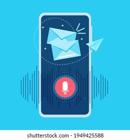 Voice message. Sound waves and a microphone. Square banner in the flat style.