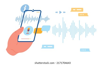 Mensaje de voz. Reproducción por correo de voz. Mano con smartphone y líneas de grabación de sonido. Mensaje de audio móvil. Frecuencia de ondas sonoras. Pantalla telefónica con micrófono. aplicación Messenger