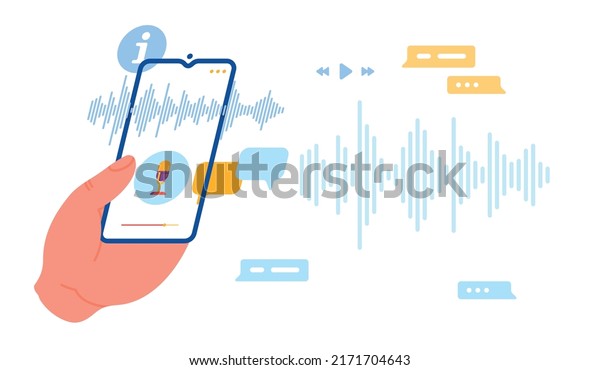 Voice message. Voicemail play.
Hand holding smartphone and sound record lines. Mobile audio
message. Soundwave frequency. Phone screen with microphone.
Messenger app