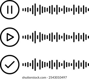 Onda de mensagem de voz. Ícone Iniciar, Parar e assinalar. Traço editável. Ilustração vetorial