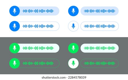 Voice messages, audio chat or messenger record interface, vector playback bubbles. Voice message UI UX or record play of audio chat in mobile phone messenger blue and green