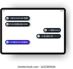 Voice messages bars presentation on tablet pad screen. Voice chat app visualisation