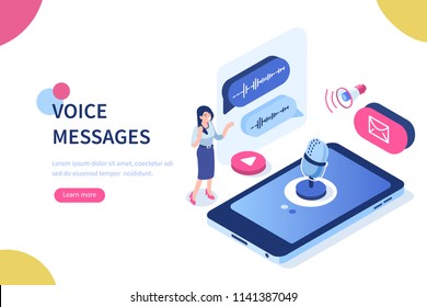 Voice messages concept with character and text place. Can use for web banner, infographics, hero images. Flat isometric vector illustration isolated on white background.
