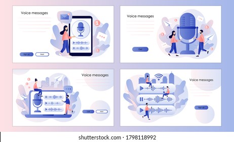 Voice messages concept. Chat app. Screen template for mobile smart phone, landing page, template, ui, web, mobile app, poster, banner, flyer. Modern flat cartoon style. Vector illustration 