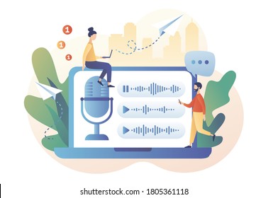 Voice messages concept. Chat app. Online communication.  Tiny people use microphone in laptop to record message or to voice assistant.Modern flat cartoon style. Vector illustration on white background