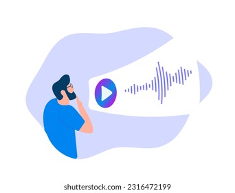 Voice messages concept. Chat with speech voice bubbles, event notifications. Stay connected with voice chat messaging. Drawn character man thoughtfully listens to sound message. Vector illustration