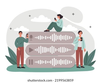 Voice messages concept. Men and women with audio files, modern technology and digital world. Communication in social networks and instant messengers, chatting. Cartoon flat vector illustration