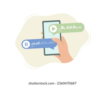 Concepto de mensajes de voz. Burbujas de chat de Smartphone para mensajes de voz y notificaciones de audio de eventos con burbujas de sonido. Ilustración aislada de vectores sobre fondo blanco con iconos