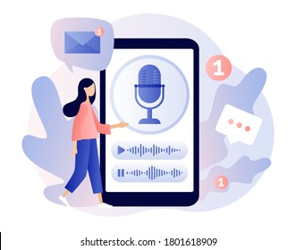 Voice messages concept. Tiny girl use microphone in smartphone to record message or talk to voice assistant. Chat app. Modern flat cartoon style. Vector illustration on white background - Shutterstock ID 1801618909
