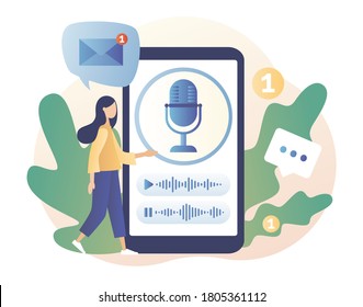 Voice messages concept. Tiny girl use microphone in smartphone to record message or talk to voice assistant. Chat app. Modern flat cartoon style. Vector illustration on white background