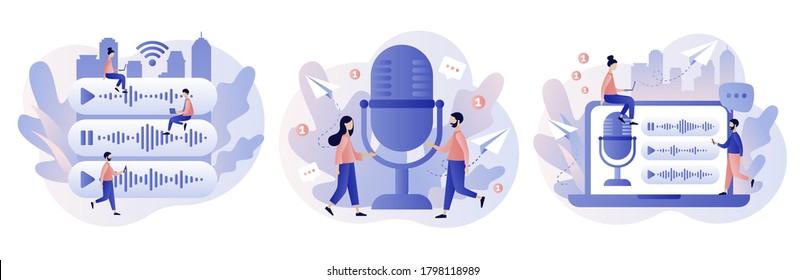 Voice messages concept. Tiny people use  microphone to record message. Chat app. Modern flat cartoon style. Vector illustration on white background