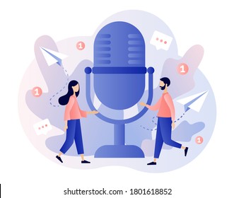 Voice messages concept. Tiny people use big microphone to record message or talk to voice assistant. Chat app. Modern flat cartoon style. Vector illustration on white background