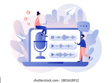 Voice messages concept. Tiny people use microphone in laptop to record message or to voice assistant. Chat app. Online communication. Modern flat cartoon style. Vector illustration on white background