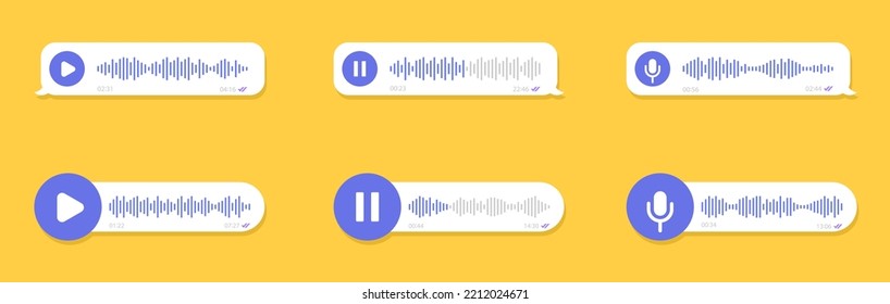 Voice messages icon set. Voice assistant. Voice chat logo. Audio message, event notification. Message bubble for social media. Audio record concept. Vector illustration.