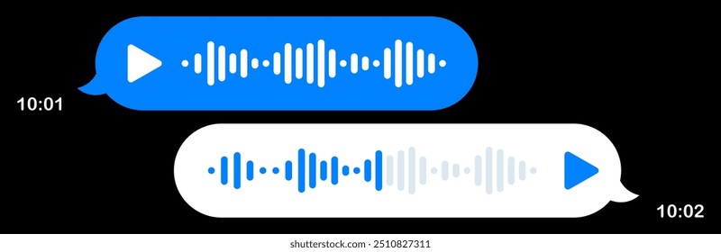 Sprachnachrichten im Messenger. Sprechblasen, schwarzer Hintergrund, SMS, Hi, platzieren Sie Ihre Inhalte, Ton, Play-Taste, Wiedergabegeschwindigkeit, Mail, senden, geliefert, lesen, Kommunikation, online, Sendezeit