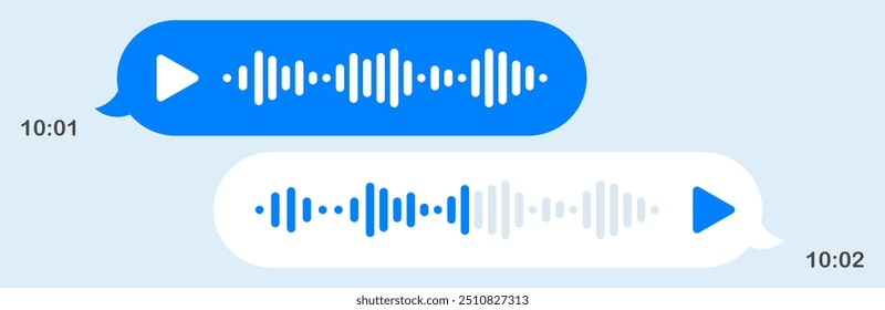 Mensagens de voz no Messenger. Bolhas de fala, fundo claro, mensagem de texto, Olá, colocar o seu conteúdo, som, botão de reprodução, velocidade de reprodução, correio, enviar, entregue, ler, comunicação, online, tempo de envio