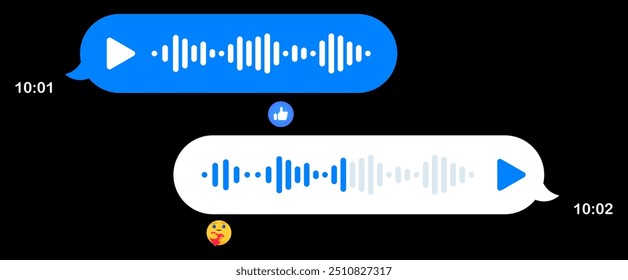 Voice messages in messenger. Speech bubbles, black background, texting, Hi, place your content, play button, playback speed, mail, send delivered read, online, sending time, reactions, emoticons, like