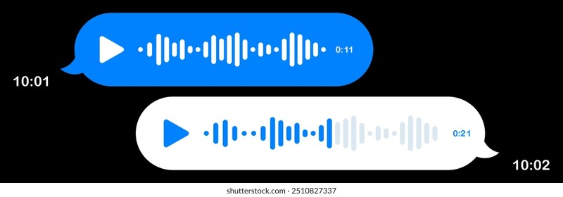 Mensagens de voz no Messenger. Bolhas de fala, fundo preto, mensagem de texto, Olá, colocar o seu conteúdo, som, botão de reprodução, velocidade de reprodução, correio, enviar, entregue, ler, comunicação, online, tempo de envio