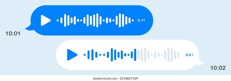 Mensajes de voz en messenger. Burbujas de voz, fondo claro, mensajes de texto, Hola, coloque su contenido, sonido, reproducir Botón, velocidad de reproducción, correo, enviar, entregado, leer, comunicación, en línea, tiempo de envío