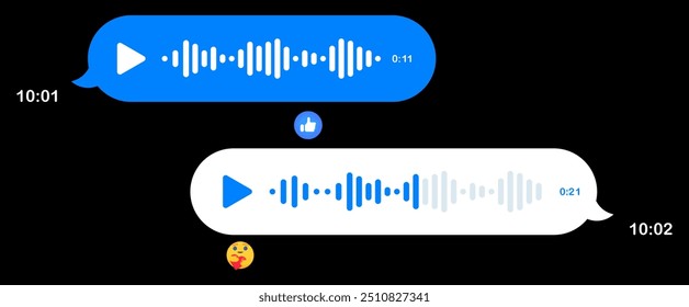 Mensagens de voz no Messenger. Bolhas de fala, fundo preto, mensagem de texto, Oi, coloque seu conteúdo, botão de reprodução, velocidade de reprodução, email, enviar entregue lido, online, tempo de envio, reações, emoticons, como