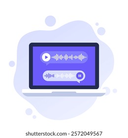 Voice messages, play audio note vector illustration with a laptop