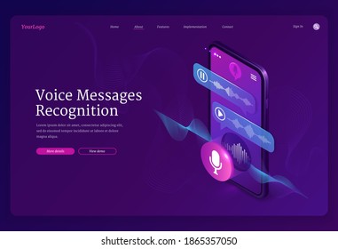 Voice messages recognition banner. Mobile application for recording sound, dictate messages and speech. Vector landing page with isometric illustration of smartphone with voice chat and microphone