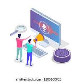 Voice messages, Voice recognition isometric concept with character. Can use for web banner, landing page template, infographics.