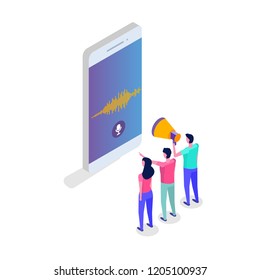Voice messages, Voice recognition isometric concept with character. Can use for web banner, landing page template, infographics.