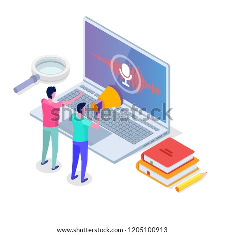 Voice messages, Voice recognition isometric concept with character. Can use for web banner, landing page template, infographics.