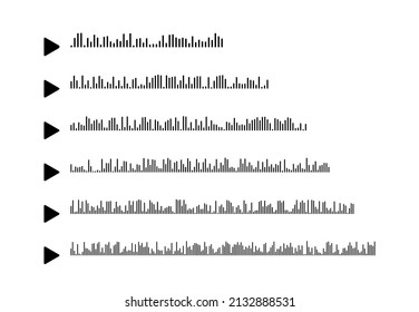 Los mensajes de voz establecen la ilustración vectorial. Resumen plantilla simple de iconos de ondas de audio con símbolo de reproducción para comunicación en línea, chat en medios sociales o aplicación móvil de podcast de música aislada en blanco