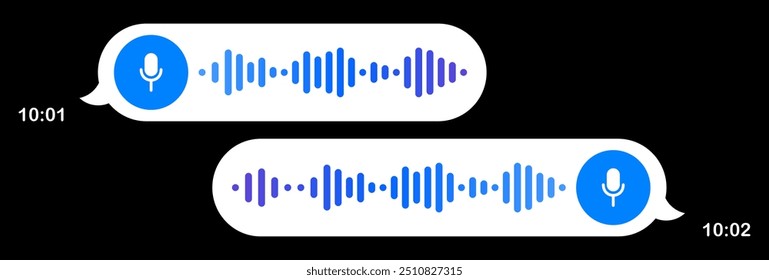 Mensagens de voz. Bolhas de fala, fundo preto, mensagem de texto, Olá, colocar o seu conteúdo, botão de reprodução, velocidade de reprodução, correio, enviar, entregue, ler, comunicação, online, tempo de envio, microfone, gravar