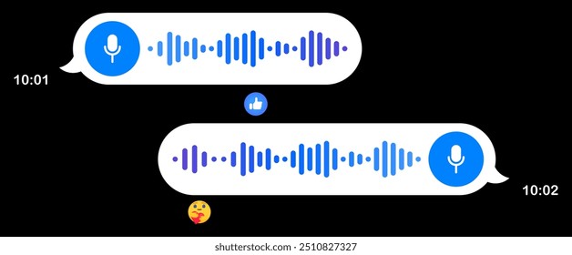 Voice messages. Speech bubbles, black background, texting, Hi, place your content, play button, playback speed, mail, delivered read online, sending time, reactions, emoticon, like, microphone, record