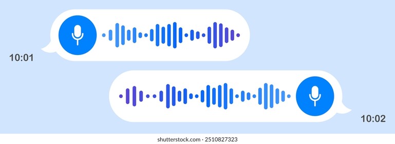 Mensagens de voz. Bolhas de fala, fundo claro, mensagem de texto, Olá, colocar o seu conteúdo, botão de reprodução, velocidade de reprodução, correio, enviar, entregue, ler, comunicação, online, tempo de envio, microfone, gravar