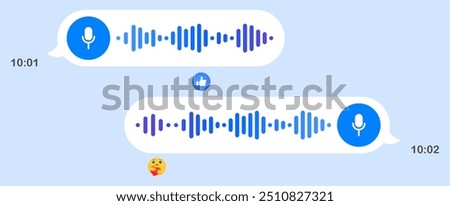 Voice messages. Speech bubbles, light background, texting, Hi, place your content, play button, playback speed, mail, delivered read online, sending time, reactions, emoticon, like, microphone, record