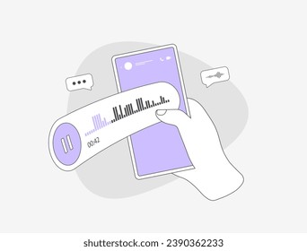Concepto de mensajería de voz. Mensajería de chat de voz, recibir notificaciones de eventos. Mano sosteniendo el teléfono móvil con red social y mensaje de voz de ondas sonoras. Ilustración del vector aislada en fondo blanco