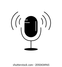 Voice microphone icon in black line style. Symbol for audio recording and radio broadcast. Concept sign of record voice or music. Simple sound studio logotype or button. Vector isolated illustration.