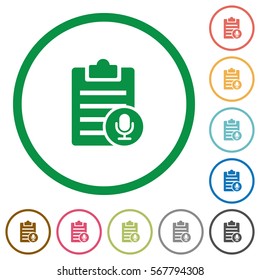 Voice note flat color icons in round outlines on white background