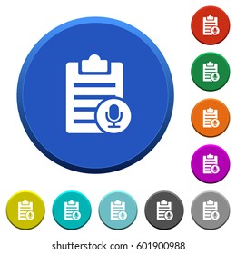Voice note round color beveled buttons with smooth surfaces and flat white icons