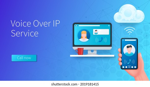 Voice over internet protocol banner. Hand with mobile phone, computer with video call screen icons. Video call process over the Internet. Web vector illustration in 3D style