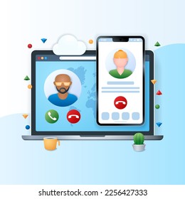 Voice over internet protocol banner. Laptop and mobile phone with people icons on the screen. Computer technology concept. Web vector illustration in 3D style