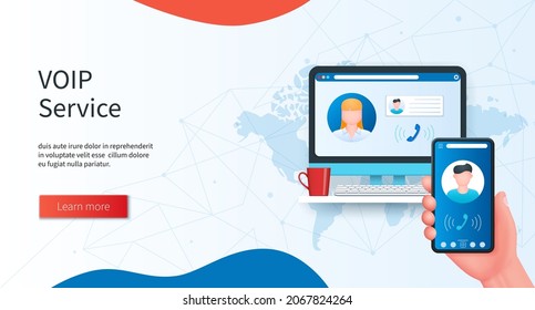 Voice over internet protocol concept. Hand with mobile phone, computer with video call screen icons. Video call process over the Internet. Web vector illustration in 3D style